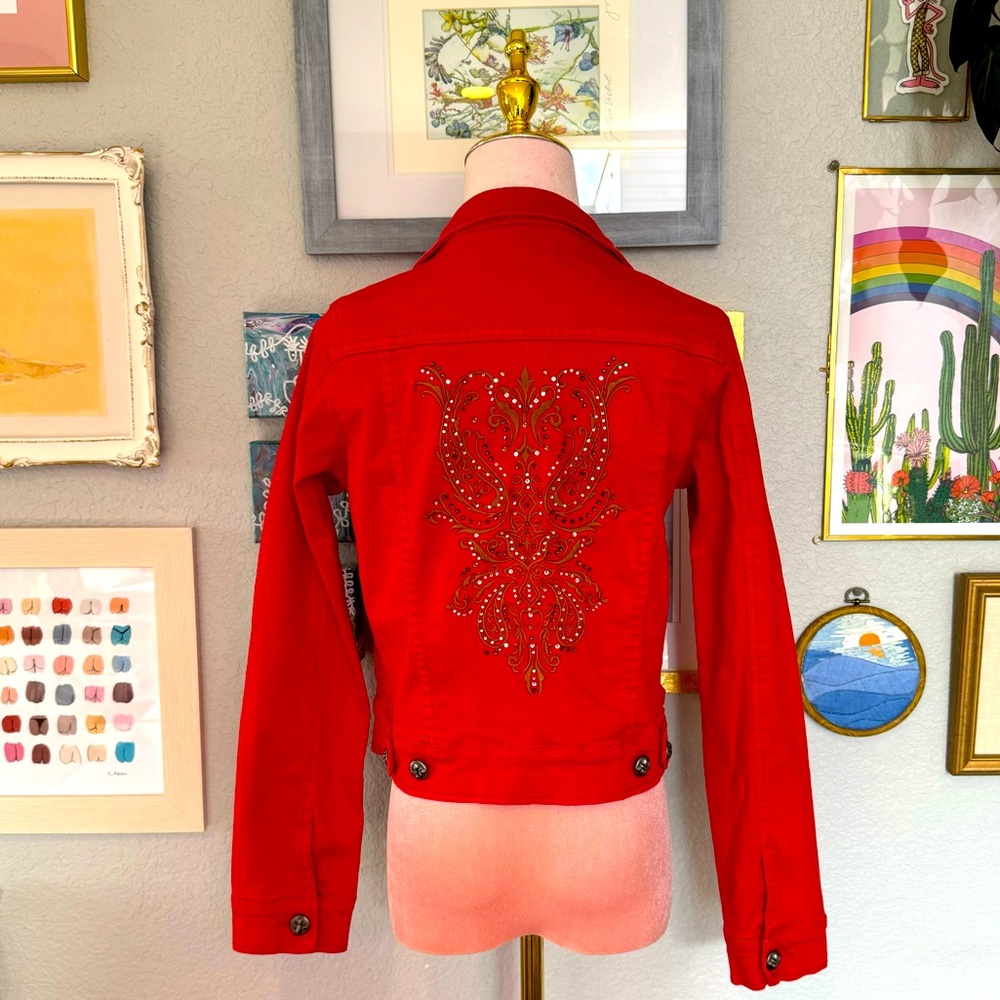 Miss Me Red Denim Jacket with Embellishments